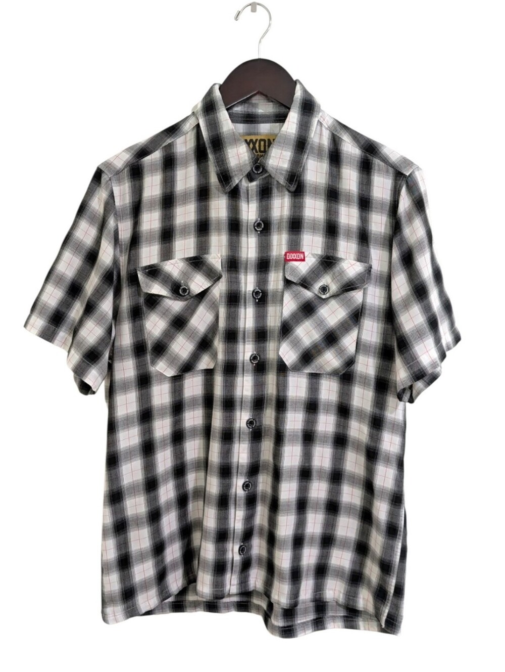 Dixxon Flannel Men M Short Sleeve Bamboo Blend Plaid Button Up Shirt Black White